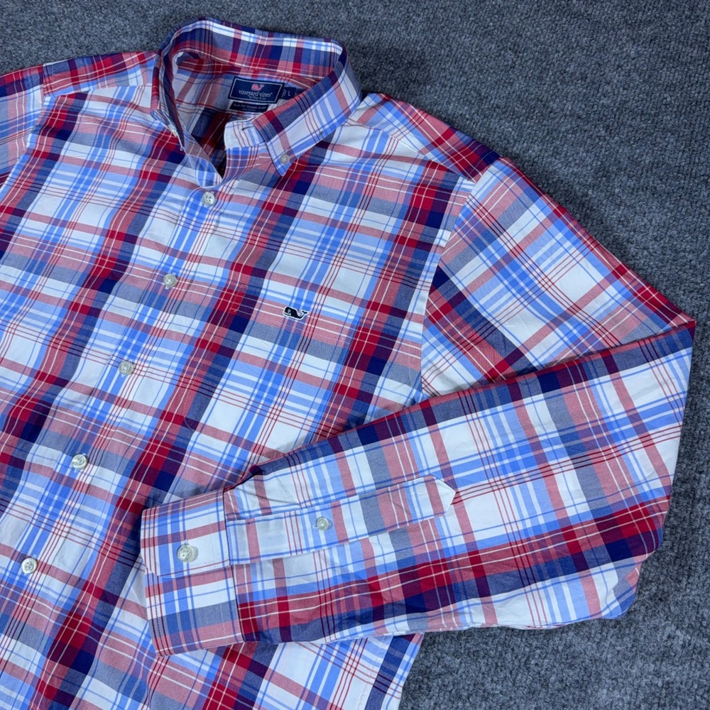 Vineyard Vines Slim Fit Tucker Shirt Mens Large Red Blue Plaid Long Sleeve‎